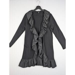 Chico's Black Label Ruffle Trim Long Duster Cardigan Jacket Size 2 Black